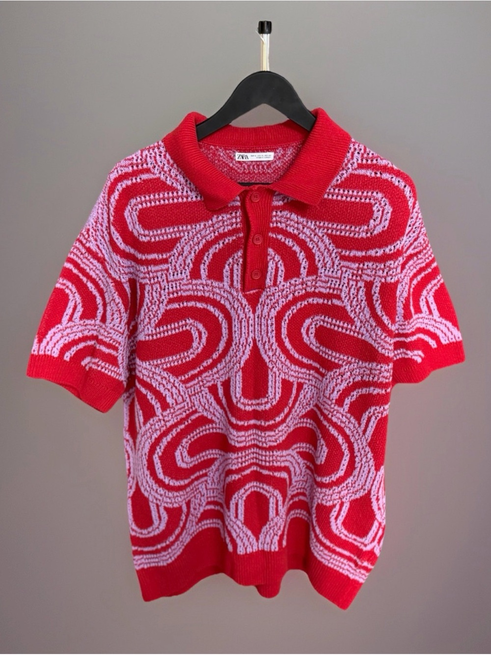 Zara Red & Pink Short-Sleeve Patterned Knit Polo
